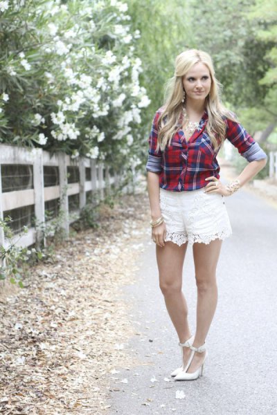 white lace shorts navy blue and red flannel plaid shirt