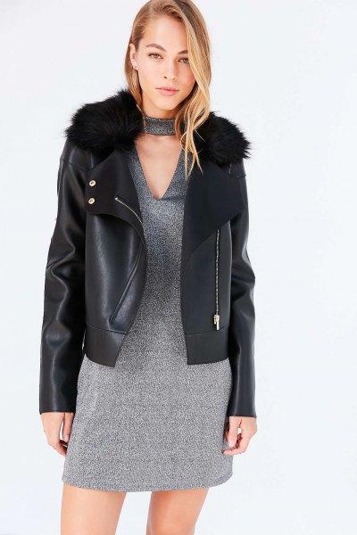 black leather jacket heather gray v-neck shift dress