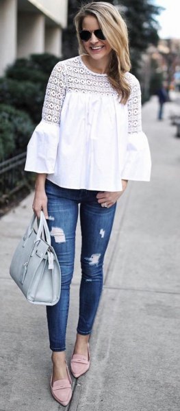 watch sleeve white lace top skinny jeans