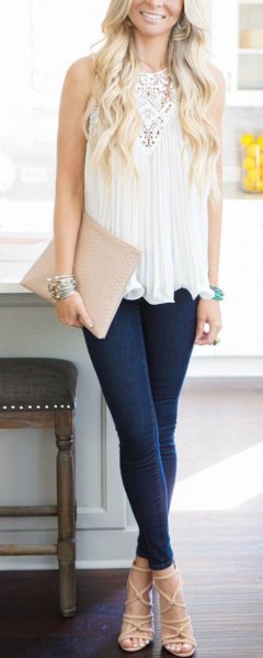 white lace tunic top dark blue skinny jeans