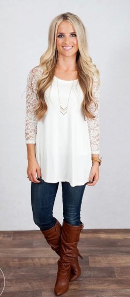 white tunic top with lace sleeve