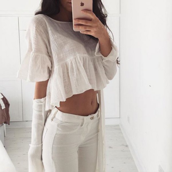 cropped ruffle top white skinny jeans