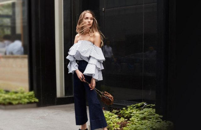 white and black off shoulder ruffle top