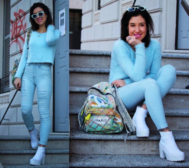 sky blue sweater jeans ankle boots