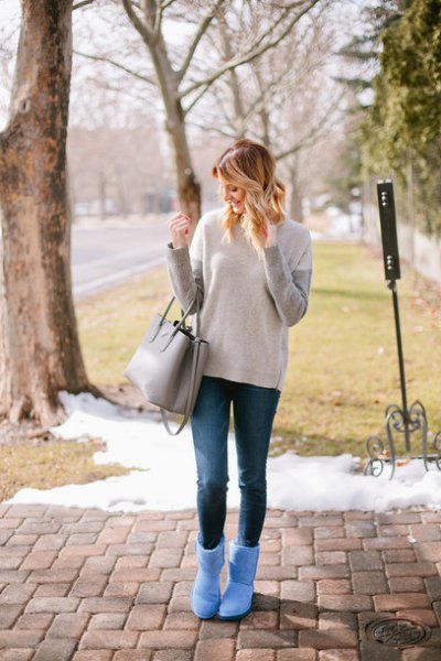 gray and ivory sweater sky blue fluffy ankle boots