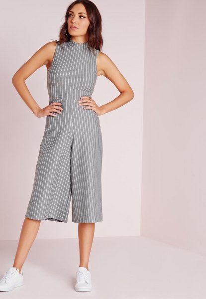 gray and white striped high neck jumpsuit