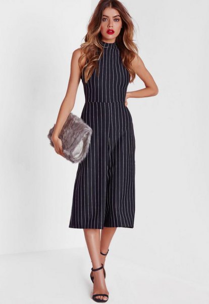 Sleeveless striped culott jumpsuit with high neck