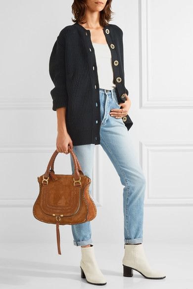 white leather ankle boots navy cardigan mom jeans