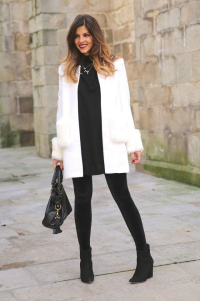 white wool coat black sweater dress