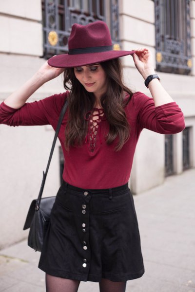 red tie chess top black button up skirt
