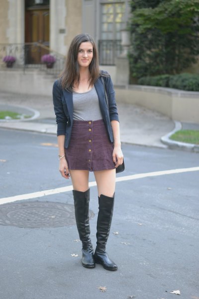 gray button up skirt over knee leather boots