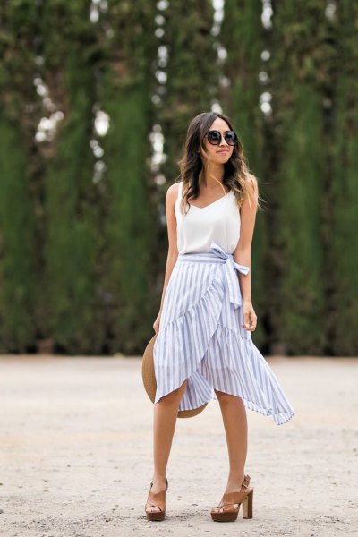 blue and white striped ruffle skirt