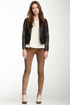 black leather jacket brown suede skinny pants