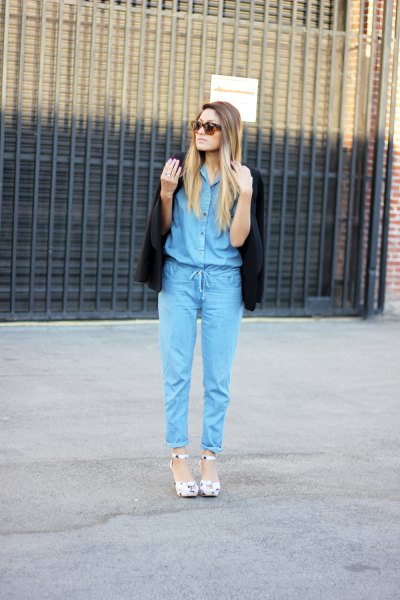 chambray jumpsuit black blazer outfit