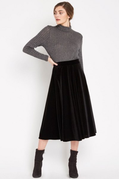 gray high neck knit sweater midi velvet skirt