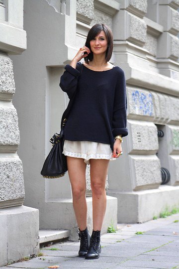 black knit sweater pink chiffon shorts