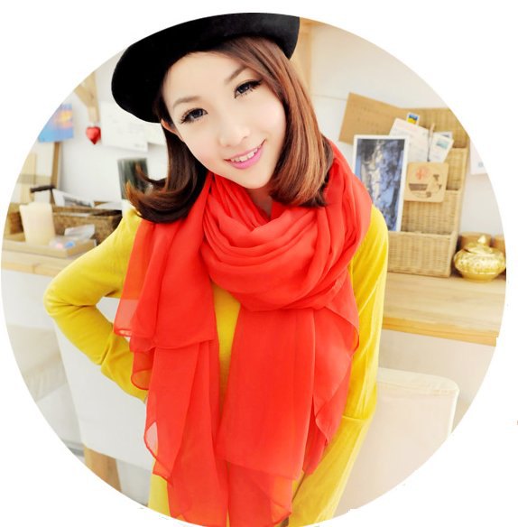 red chiffon scarf yellow shift dress paint hat