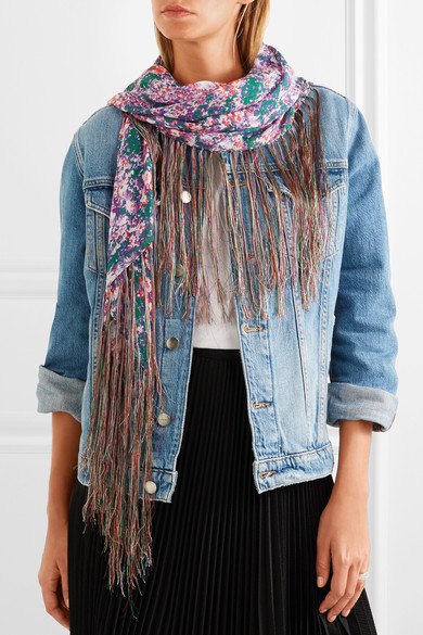 denim jacket skirt with floral chiffon scarf