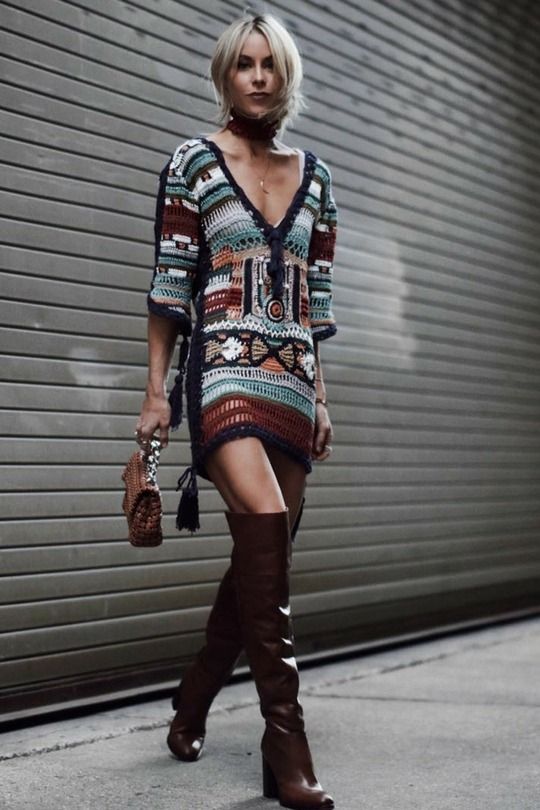 crocheted dress thigh high boots