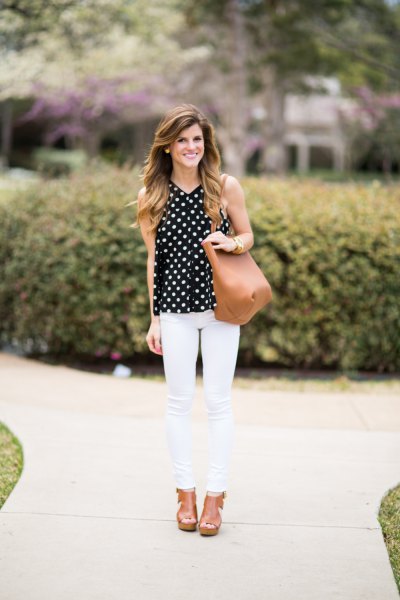sleeveless polka dot blouse white skinny jeans