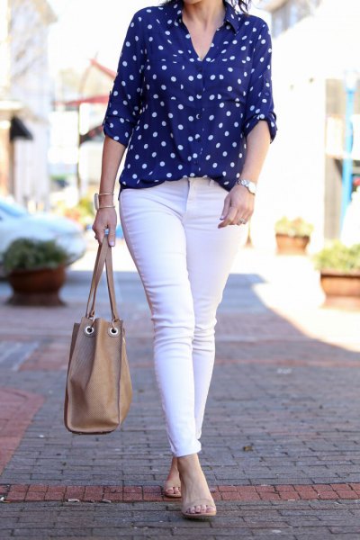 blue and white polka dot shirt white skinny jeans