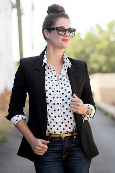 white polka dot shirt black blazer