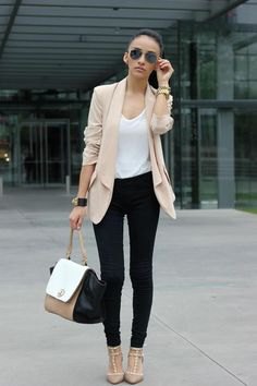 light pink chiffon blazer black skinny jeans
