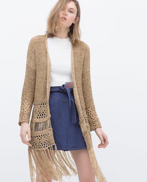 camel crochet cardigan washed denim skirt