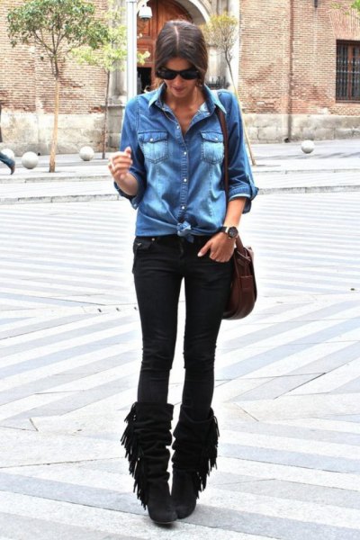 black fringe boots denim shirt slim jeans