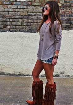 knee high fringe boots denim shorts outfit