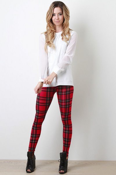 white blouse red and black checkered leggings