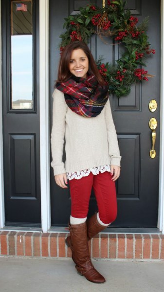 red leggings thick sweater knee high boots