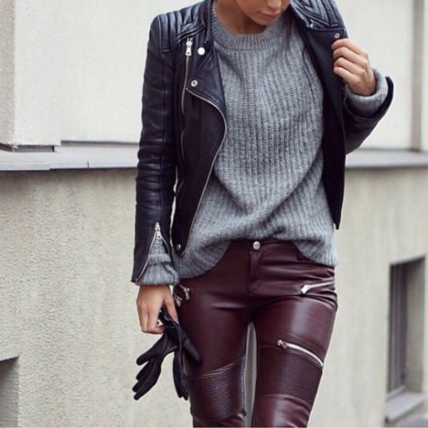 leather jacket and trousers gray sweater