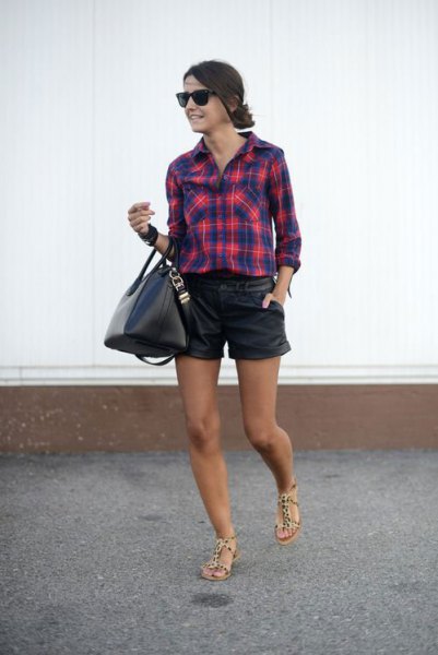 navy and red checkered shirt leather shorts