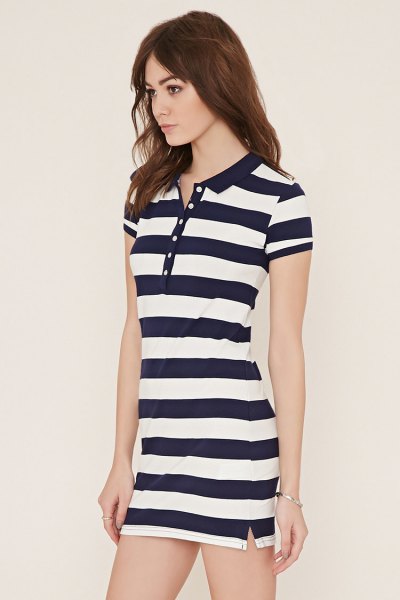 navy blue and white striped polo shirt