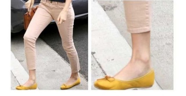 yellow flats cropped beige skinny pants