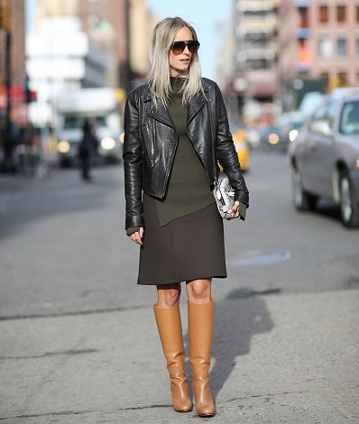 camel knee high boots wool skirt black leather jacket