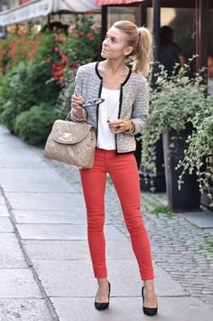 tweed jacket white red jeans