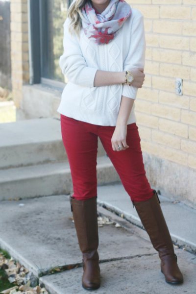 red breeches white cable knit sweater
