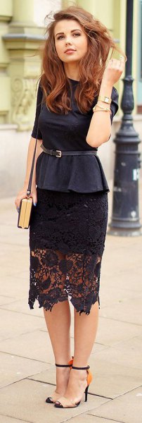 black tie waist blouse midi black lace skirt