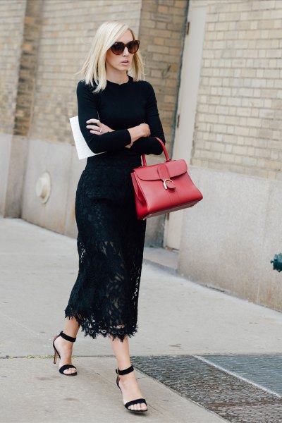maxi lace dress black sweater with crew neck
