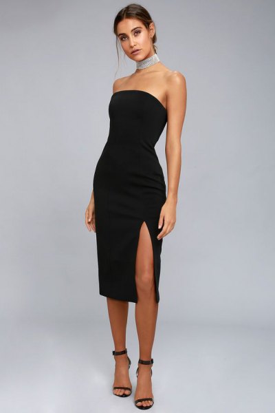 strapless high split midi black dress strappy heels