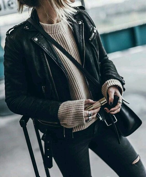 black leather moto jacket beige knitted