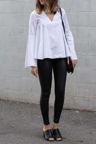 white watch sleeves top leather leggings