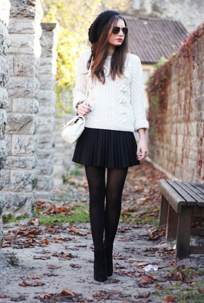 white knitted sweater black plaid mini skirt
