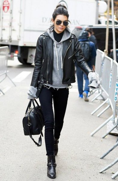 black ankle boots gray hoodie black leather jacket
