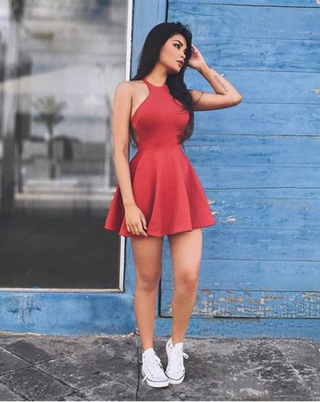 red fit and flare halter dress white converse