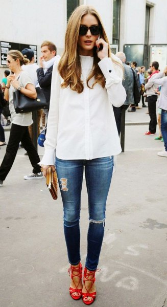 red strappy heels white shirt ripped jeans