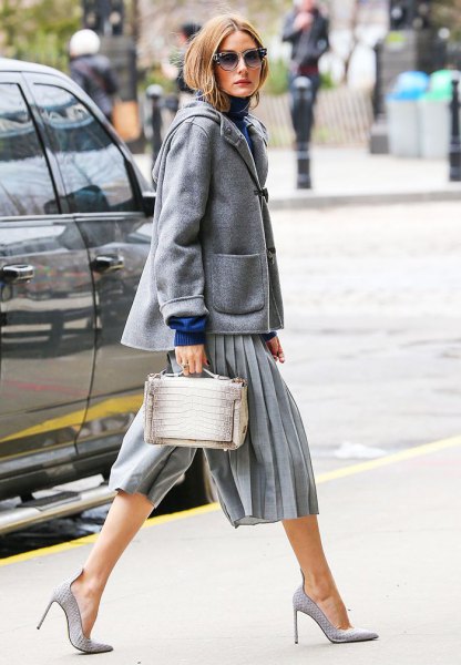 gray culottes with wool coat
