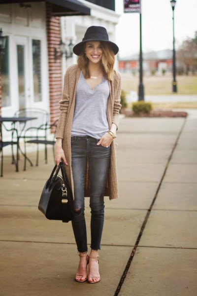 gray jeans long cardigan outfit